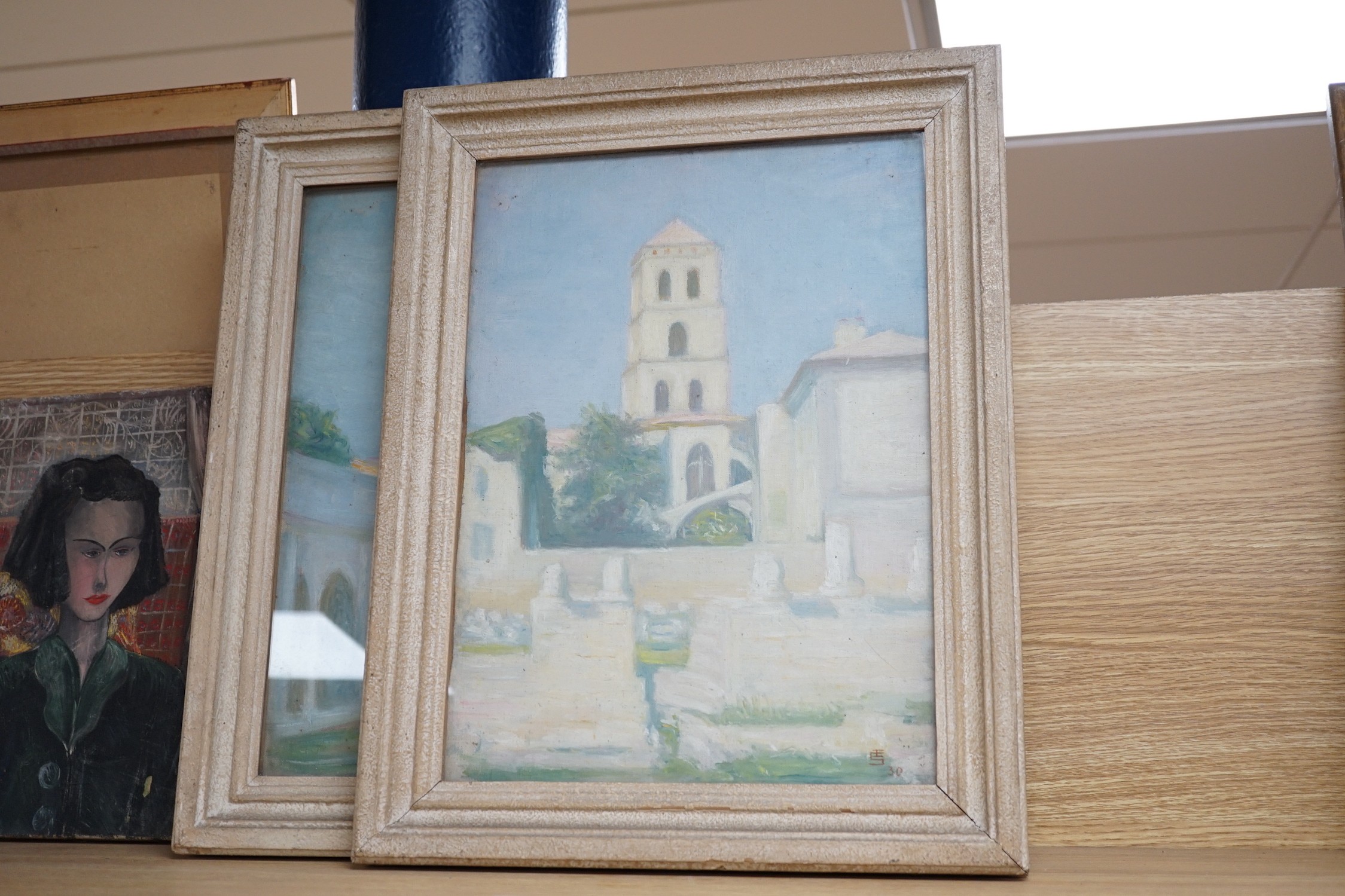 Edgar Seligman (1867-1958), two oils on board, Views of Arles 1930, monogrammed and dated '30, one with a letter from the artist verso, 37 x 27cm